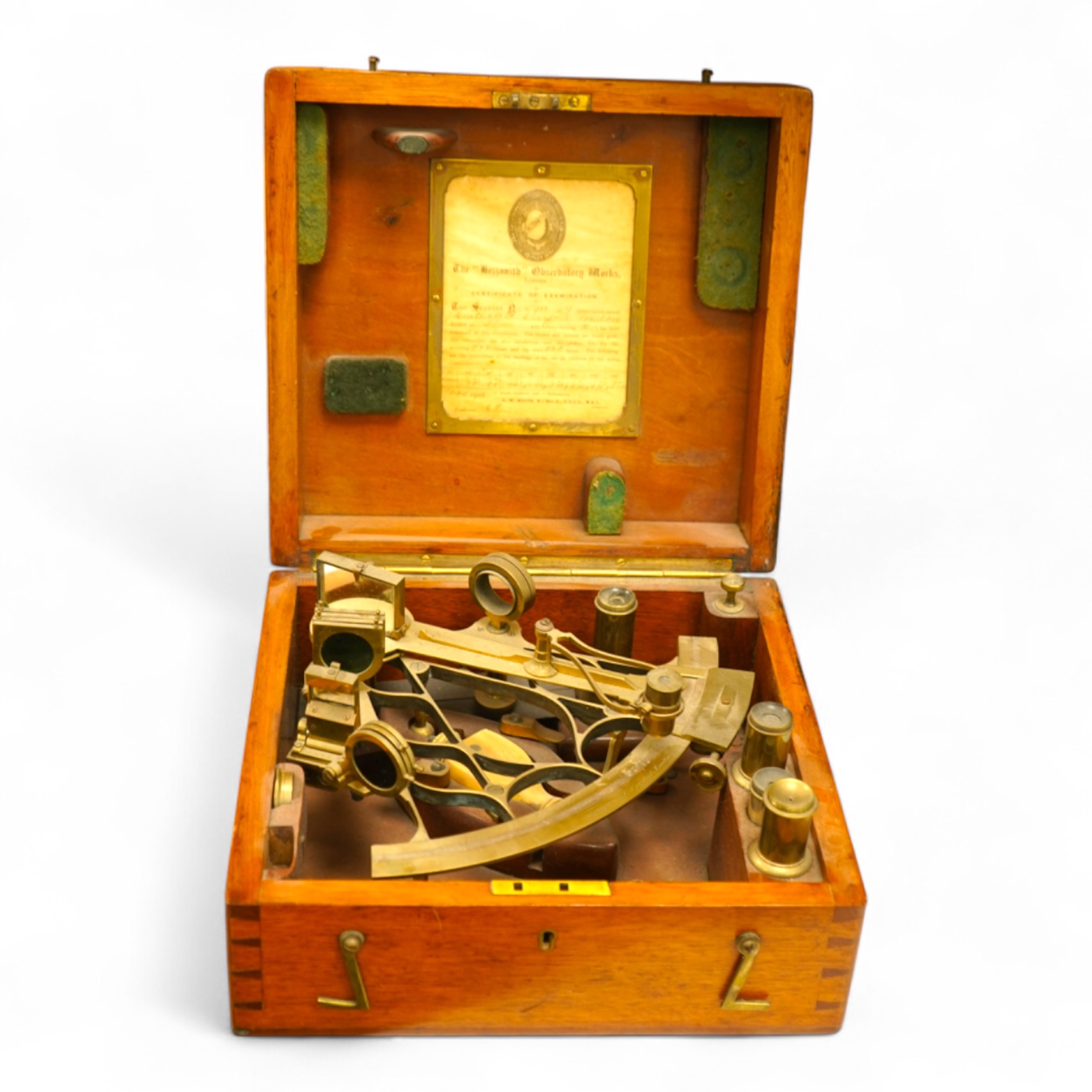 A G.W. Heath 'Hezzanith' sextant, cased, with certificate of observation to the interior, 27cm wide